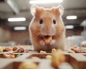 Fototapeta premium Hamster navigating a treat maze indoor setting animal behavior curiosity close-up fun exploration