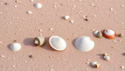 Pink beach sand with shells. Seashells on sandy beach.  Possible use Stock photo