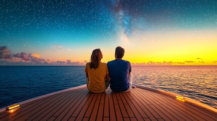 Couple watching stunning sunset over ocean romantic scene serene environment beautiful view love concept