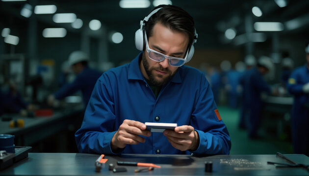 Focused Male Worker in Factory Setting with Headphones