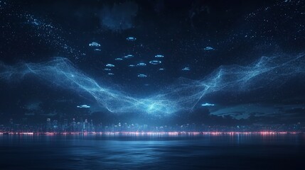 Futuristic Cityscape with Floating Technology and Starry Night Sky