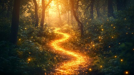 Obraz premium Magical Forest Pathway with Sparkling Light and Enchanted Trees