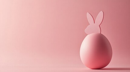 Fototapeta premium A soft pastel pink Easter egg, paired with a bunny silhouette cutout, placed on a neutral, smooth surface.