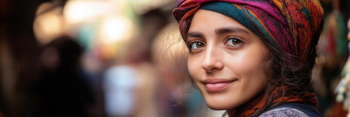 Fototapeta premium Portrait of a smiling woman wearing a vibrant, colorful headscarf, standing cheerfully in a bustling market setting with blurred background activity around her.