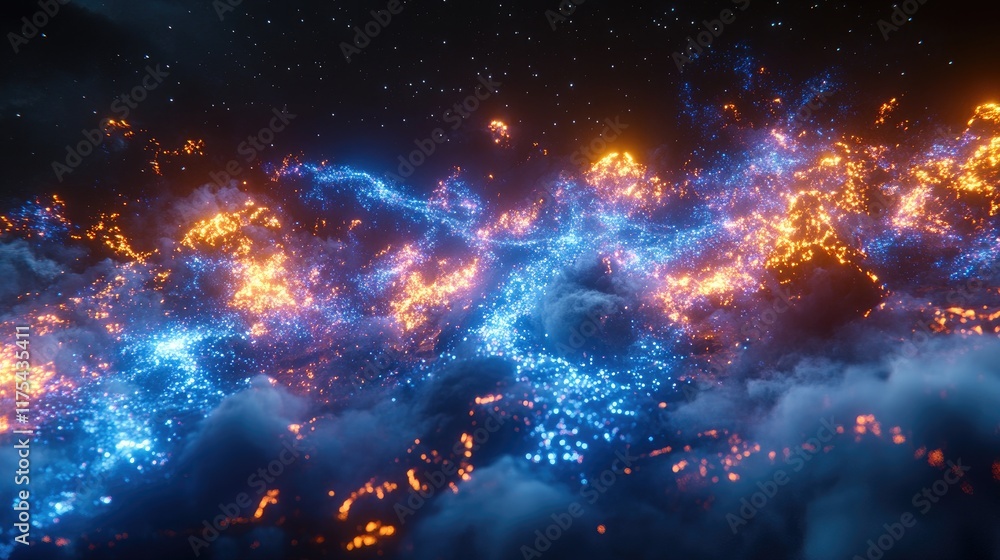 Poster abstract glowing particles and smoke swirling in a dark starry sky. ideal for backgrounds music visu