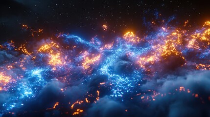 Fototapeta premium Abstract glowing particles and smoke swirling in a dark starry sky. Ideal for backgrounds music visualizations and motion graphics.