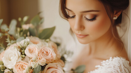 Obraz premium Bride holding a pastel floral bouquet. Close-up portrait of a beautiful woman on her wedding day. Elegant and romantic bridal inspiration.