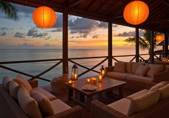 Obraz premium Tropical beach sunset, luxurious oceanfront lounge, wicker furniture, orange paper lanterns, thatched roof cabana, warm ambient lighting, glass railing, panoramic ocean view, palm trees silhouette, ro