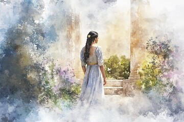 Obraz premium serene landscape with young woman gazing towards sunlit garden f