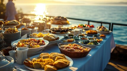 Naklejka premium A beautifully set breakfast table overlooking a turquoise sea view