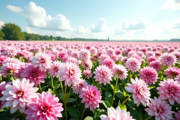 Obraz premium A field of pink and white dahlia blooms stretching towards the sky, vast, white, open