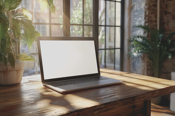 Fototapeta premium Close-up desk with blank laptop screen on wooden table classroom interior design template.
