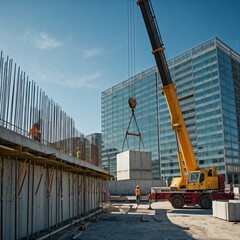 Crane Lifting Concrete Blocks at a Construction Site