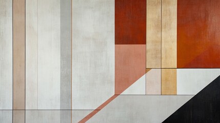 A geometric wall painting with clean, angular lines in muted earth tones on a light gray background