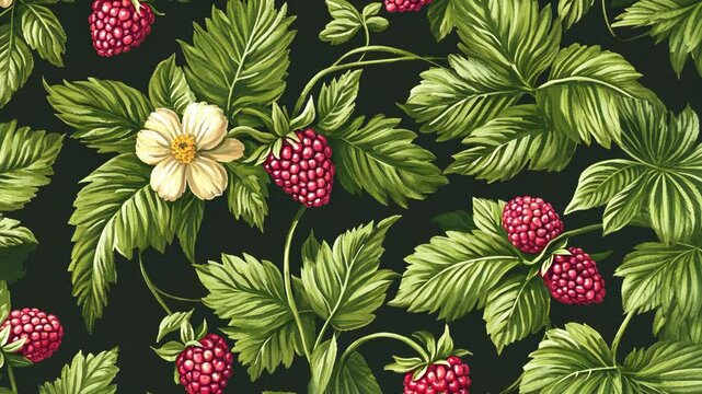 Vibrant botanical pattern featuring raspberries and flowers against a dark background