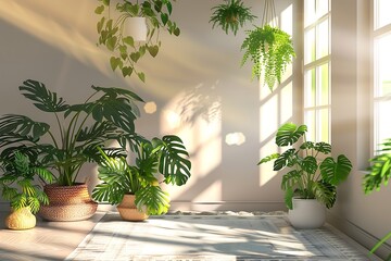 Obraz premium Interior living room with tropical plants in pots. 3D rendering