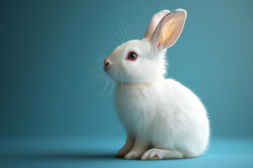 Obraz premium Adorable White Rabbit Sitting on Teal Background