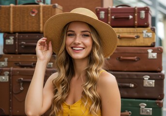 Young woman, wide-brimmed straw hat, long wavy blonde hair, bright smile, yellow top, vintage suitcases background, warm lighting, travel mood, nostalgic atmosphere, portrait photography, summer style