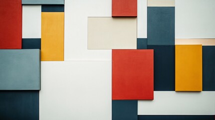 Fototapeta premium A minimalist mural featuring blocks of muted colors, aligned asymmetrically on a clean white wall