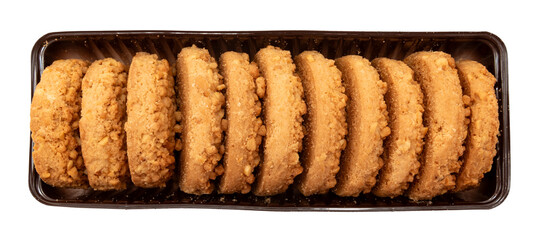 Cookies with nuts in a box on a white background. Baking. Cookie isolate