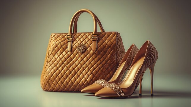 Tan quilted handbag and high heels.
