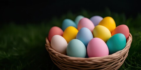 Naklejka premium Colorful Easter Eggs in a Woven Basket Surrounded by Green Grass