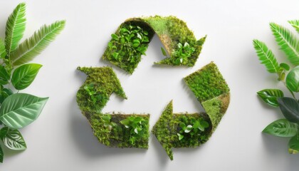 Eco Friendly Recycling Symbol Made of Lush Green Moss and Plants Surrounded by Tropical Leaves to Promote Sustainability and Green Living