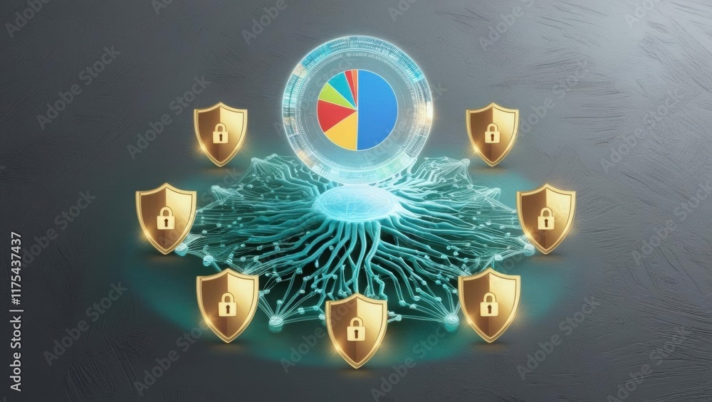Poster a digital illustration showing a central node with a pie chart surrounded by security shields, repre