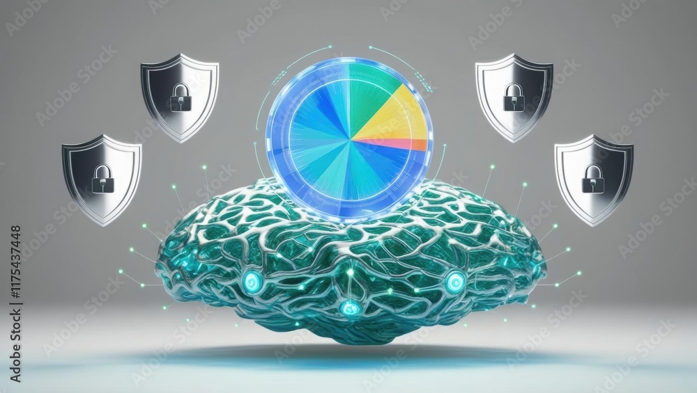 Poster a futuristic representation of a brain with a colorful chart and shields, symbolizing data security 