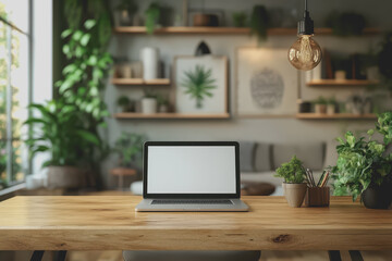Fototapeta premium Close-up desk with blank laptop screen on wooden table classroom interior design template.