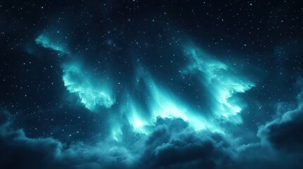 Teal aurora borealis over dark clouds and starry night sky.
