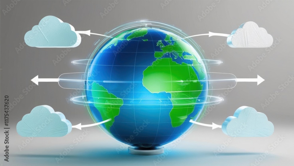 Poster a stylized globe surrounded by clouds, illustrating global connectivity and cloud computing.