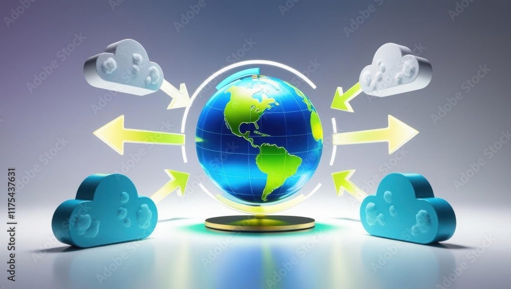 Poster a digital representation of earth surrounded by clouds, illustrating global connectivity and cloud c