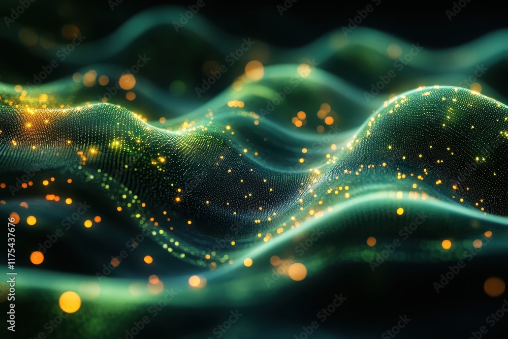 Poster Captivating waves of glowing particles flowing through the dark background with mesmerizing light patterns