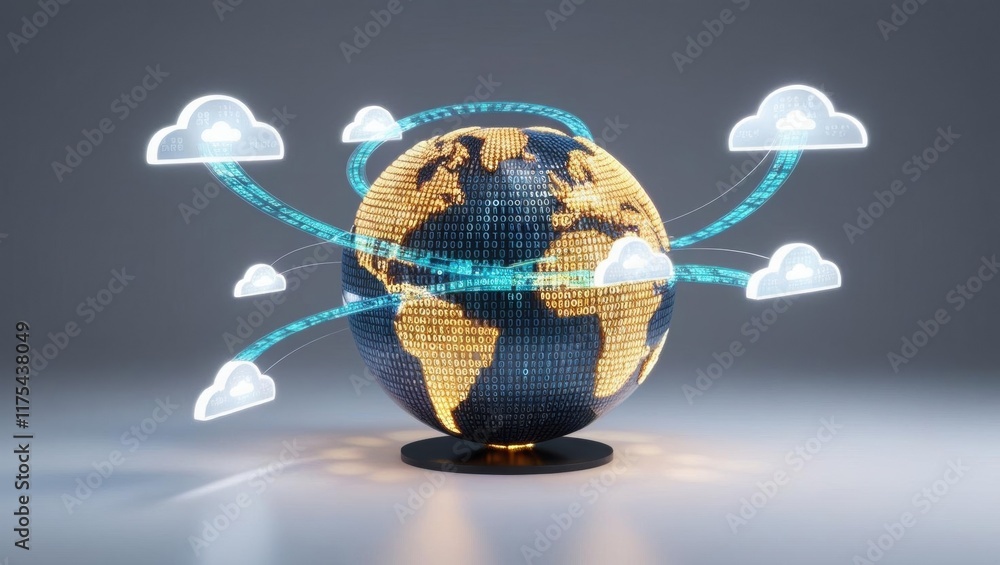 Poster a digital globe with cloud icons and data streams, symbolizing global connectivity and cloud computi