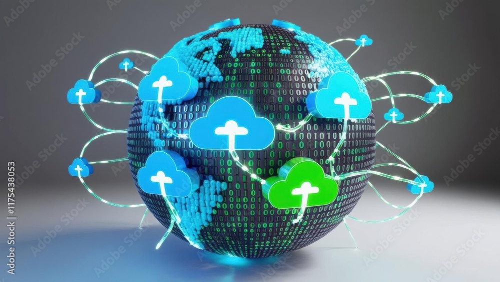 Poster a digital globe with cloud icons, symbolizing global connectivity and cloud computing technologies, 
