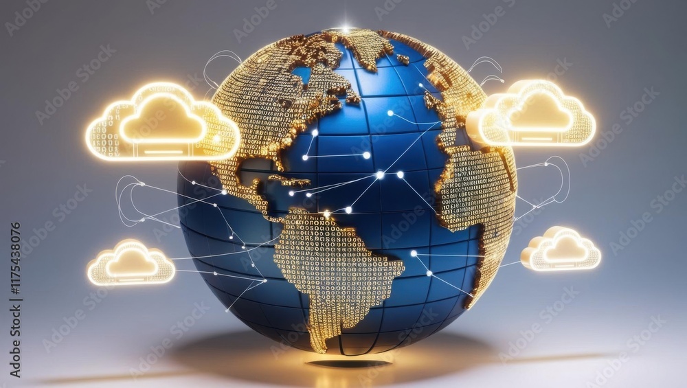 Aufkleber a digital globe illuminated with golden connections and floating clouds, symbolizing global connecti