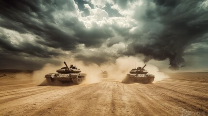 there are two tanks that are driving on a dirt road, futuristic battle tank