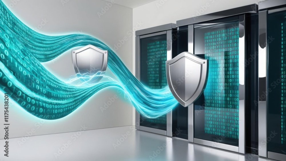 Poster a digital representation of cybersecurity, featuring shields and flowing data, symbolizing protectio
