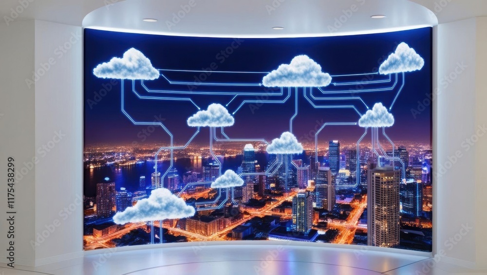 Poster a futuristic cityscape illuminated at night, featuring digital clouds and network connections, symbo