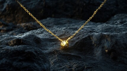 A shiny gold necklace with a diamond accent placed on a smooth matte black background