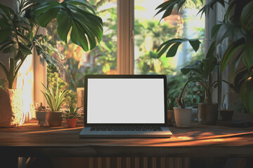 Close-up desk with blank laptop screen on wooden table classroom interior design template.