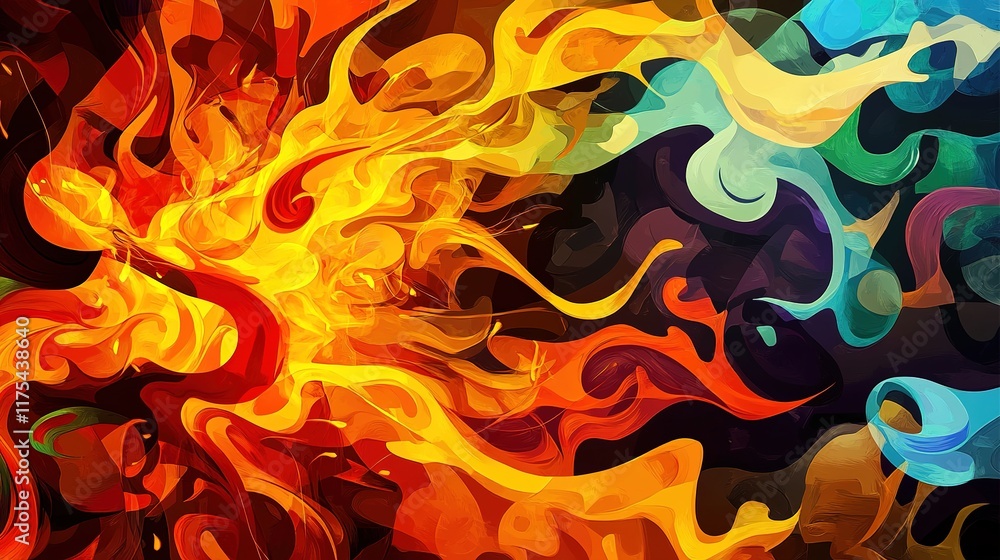 Poster dynamic blend of vibrant colors creating fiery, abstract composi