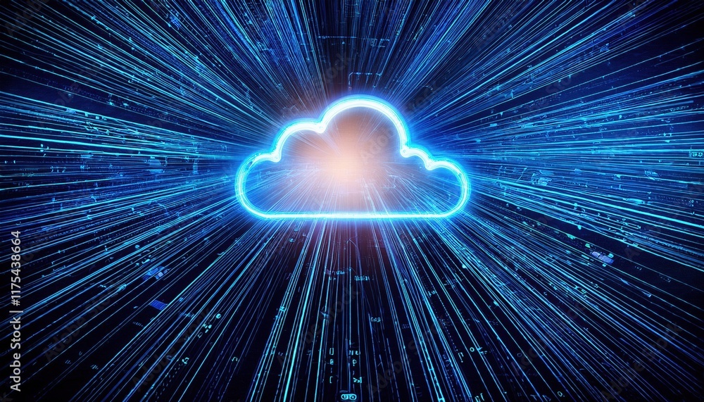Poster a glowing cloud icon surrounded by streams of digital data, symbolizing cloud computing and data tra