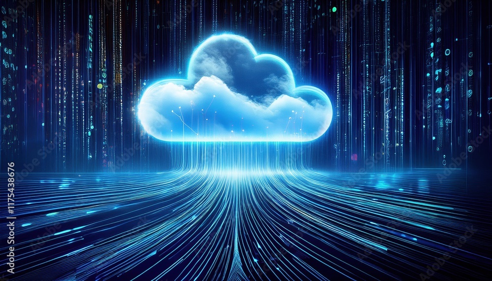Poster a futuristic cloud graphic with digital data streams, symbolizing cloud computing and data transfer 