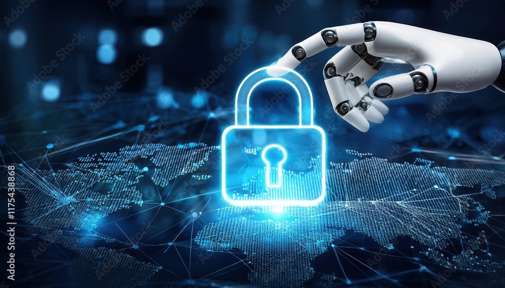 Poster a robotic hand interacts with a glowing padlock, symbolizing digital security and advanced technolog