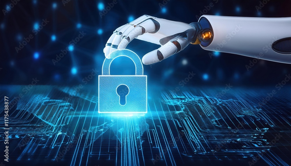 Poster a robot hand interacts with a digital lock, symbolizing cybersecurity and the intersection of techno