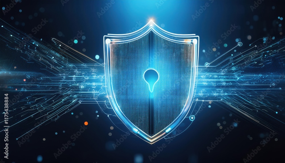 Poster a glowing digital shield with binary code, symbolizing cybersecurity and data protection in a high-t