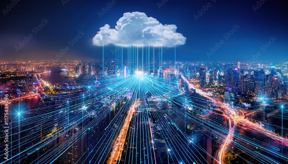 Poster a futuristic cityscape featuring a cloud and data streams, showcasing the concept of cloud computing
