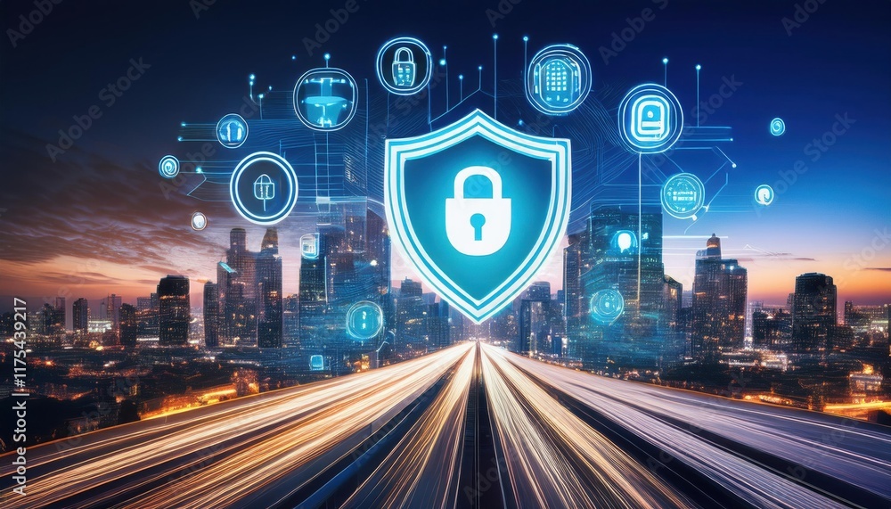 Poster a futuristic cityscape with a digital shield and padlock icon, symbolizing cybersecurity and data pr